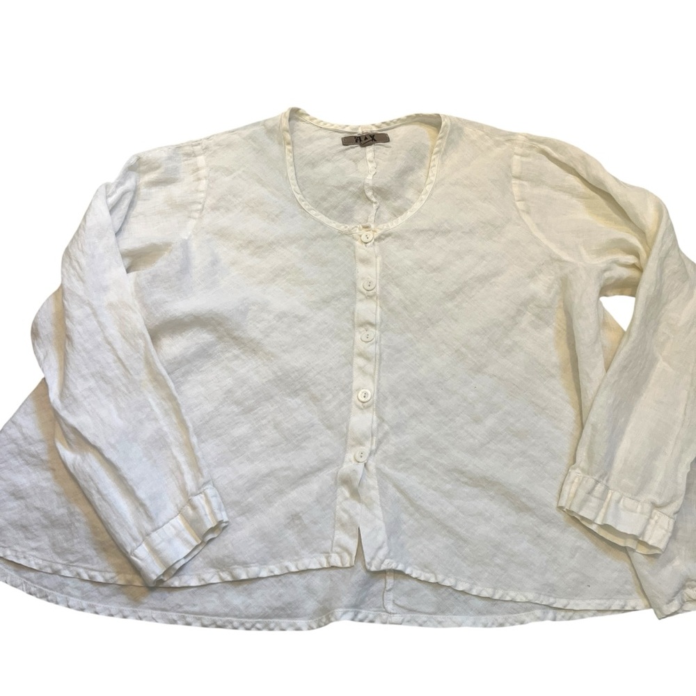 Flax 100% Linen Button Front Top 1G Off White Relaxed Fit Artsy - Picture 2 of 10